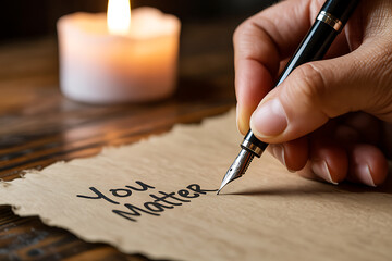 Handwriting "You Matter" with fountain pen near warm candle light, inspiring message