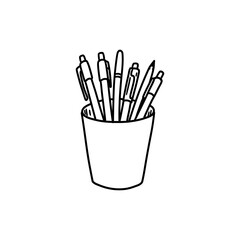 Cup Filled with Various Pens on Office Desk Workspace