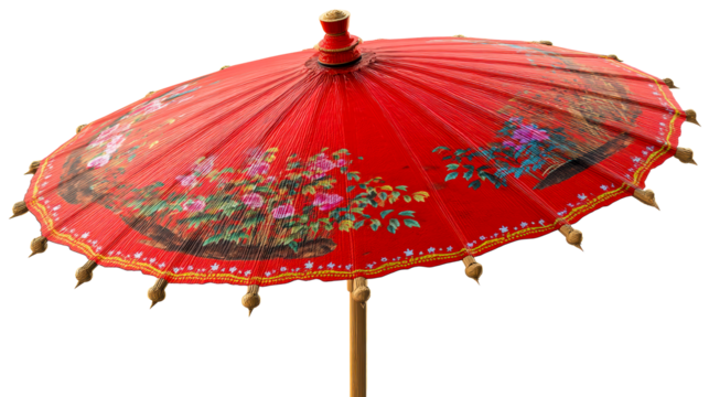 Decorative red umbrella with floral motifs and ornate wooden pole