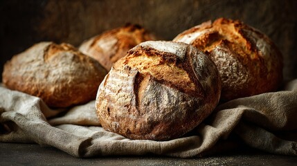 freshly baked artisan bread on rustic linen close up natural warm light detailed texture