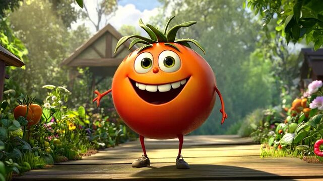Smiling tomato character in garden setting