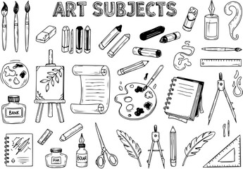 Obraz premium Fine art equipment and stationary doodle and tool model icon in isolated background. Art subject doodle used for school education or document decoration with subject header text