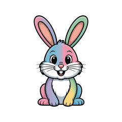 Fototapeta premium Cute cartoon bunny with pastel rainbow colors sitting and smiling rabbit illustration