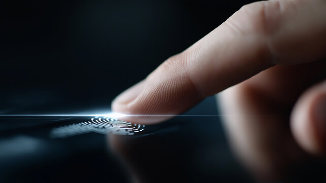 Cropped view of hand holding a digital fingerprint hologram with glowing verification effects and security scan patterns on a sleek dark cyber interface

