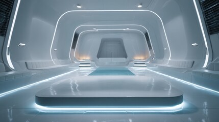 Fototapeta premium Futuristic interior design with white walls and blue lighting creates a bright and sterile environment ideal for science fiction concepts or modern architecture representations
