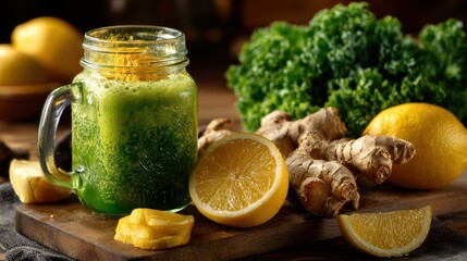 Foods to Boost Liver Health. Fresh green smoothie with ginger and lemon on a wooden surface.