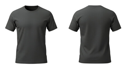Front and back view of a dark gray t shirt isolated on transparent background