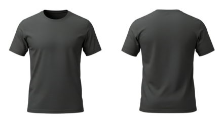 Front and back view of a dark gray t shirt isolated on transparent background