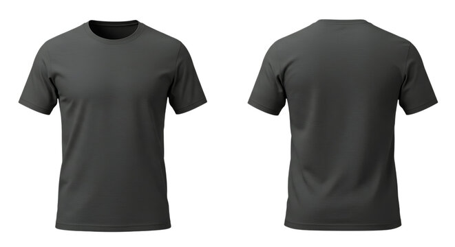 Front and back view of a dark gray t shirt isolated on transparent background