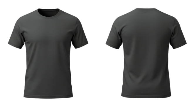 Front and back view of a dark gray t shirt isolated on transparent background