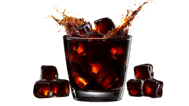Dark Soda Splash in Glass with Ice Cubes