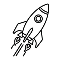 Black outline of a rocket ship with flames and smoke ascending spaceship space