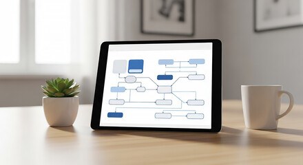 Fototapeta premium Clean workspace with tablet showing ethical decision flowchart in neural system context