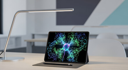 Modern desk scene with tablet rendering a 3D neural topology model