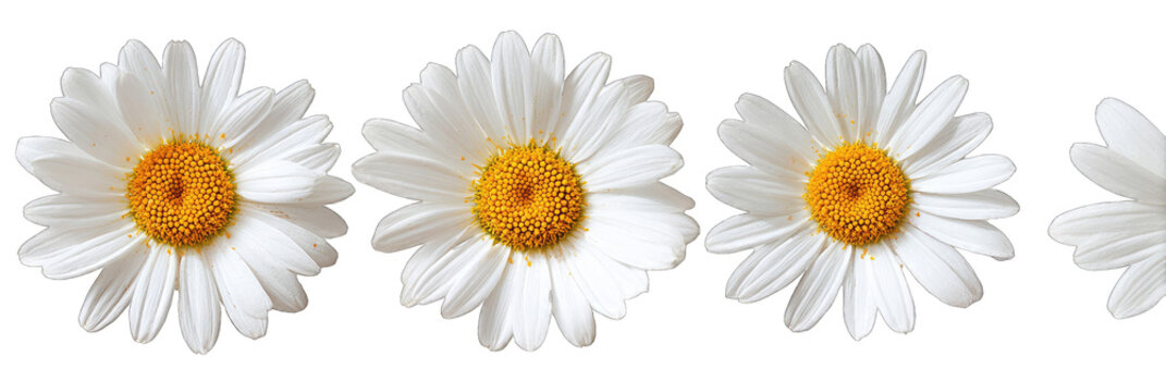 Four white daisies with yellow centers, arranged in a horizontal row against a black background