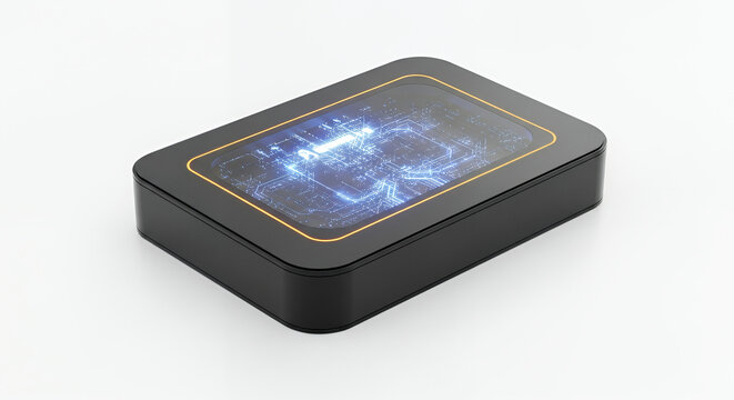 Compact AI hardware module with glowing interface placed on a clean background