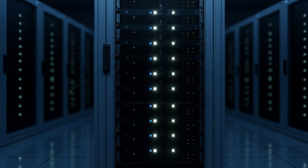 Server rack with minimal glowing lights in a clean high-tech room