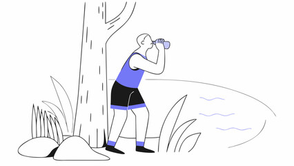 Man drinking water outdoors near lake hydration fitness illustration