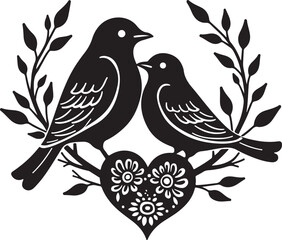 Romantic Love Birds Silhouette with Heart and Branches – Elegant Wedding Vector