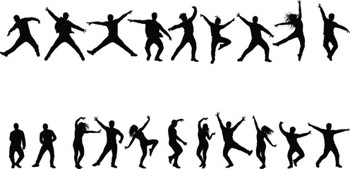 Silhouettes of people dancing joyfully, dynamic dance poses, group of dancers jumping and moving, black vector figures on white