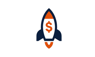 A stylized rocket ship, orange and dark blue, with a dollar sign in white.  It's a graphic representation of financial growth or investment