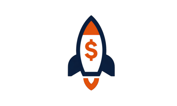 A stylized rocket ship, orange and dark blue, with a dollar sign in white.  It's a graphic representation of financial growth or investment