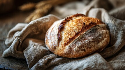 artisan bread freshly baked on rustic linen soft warm natural lighting