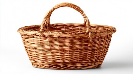 Empty Wicker Basket with Handles Isolated on White Background