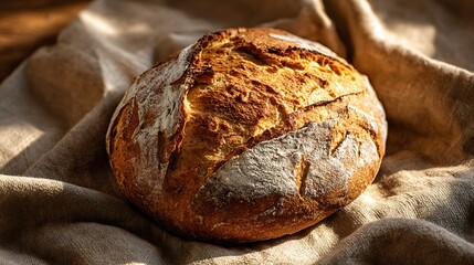 freshly baked bread on rustic linen close up natural warm light