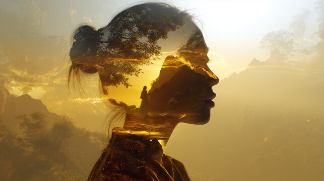 Woman combining with nature in double exposure at sunset