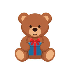 Fototapeta premium A cute brown teddy bear holding a blue gift box with a red ribbon and bow, sitting on a white background.