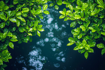 Naklejka premium Lush green foliage surrounding a tranquil waterway with reflections