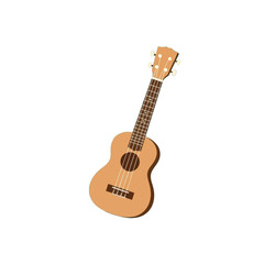 Obraz premium A classic four-string acoustic ukulele with a light brown wooden body, shown at an angle on a white background.