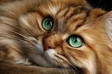 Ginger cat with bright green eyes close up portrait showing detailed fur