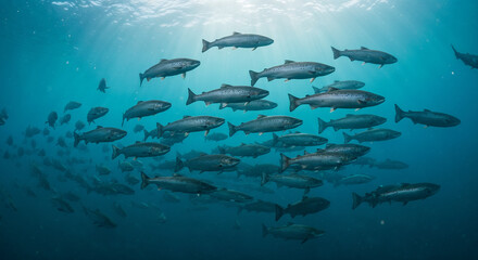Obraz premium Atlantic Salmon Shoal in Open Ocean