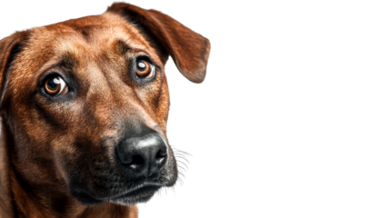 Close-up of a Rhodesian Ridgeback dog's face with alert eyes on a white background