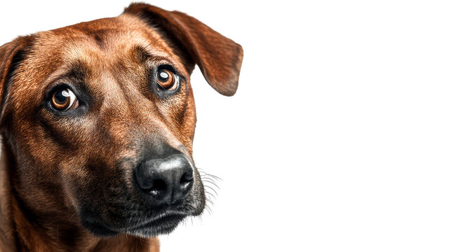 Close-up of a Rhodesian Ridgeback dog's face with alert eyes on a white background