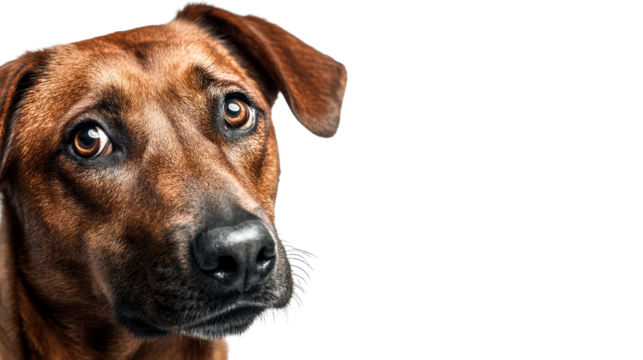 Close-up of a Rhodesian Ridgeback dog's face with alert eyes on a white background