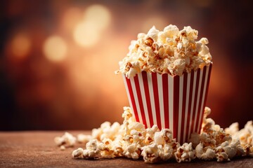 Fresh popcorn overflows from a classic red and white striped box, scattered on a wooden table against a warm, blurred background