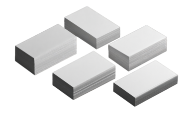 Six stacks of blank white cards, arranged in a complex, interconnected pattern.  Each stack is presented in 3D, with visible layered structure