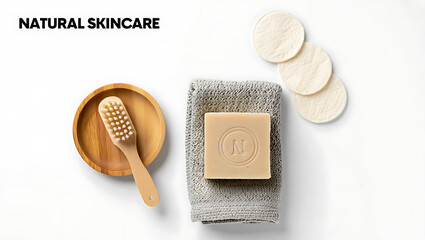 Natural skincare products including a wooden facial brush bar soap soft towel and reusable cotton pads on a white background