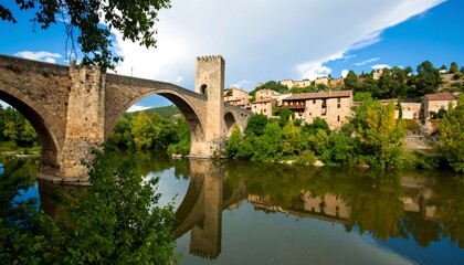 Obraz premium Old stone bridge over river in picturesque town