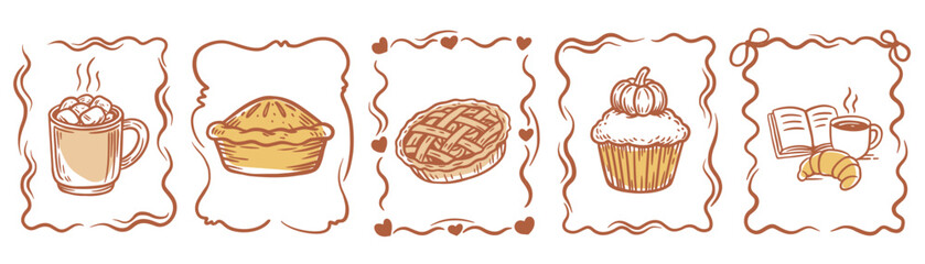 Cozy autumn food illustration set: hot cocoa with marshmallows, pie, lattice pie, pumpkin cupcake, and coffee with croissant and book, all framed with vintage decorative borders
