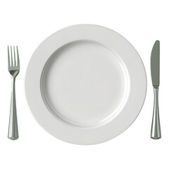 3D Cutlery Icon with Plate, Knife, and Fork Isolated on White Background &ndash; Dining and Restaurant Symbol
