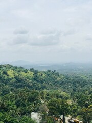 A scenic view of lush green mountains with an industrial zone nestled at the base, blending nature’s beauty with human development