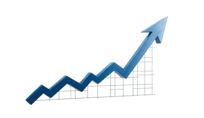 A stylized upward trend graph, with a prominent blue arrow.  The graph appears 3D, showing increasing values