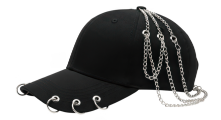 Black baseball cap with silver chains and rings isolated on transparent background