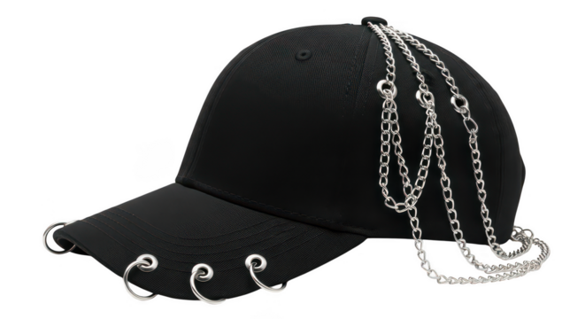 Black baseball cap with silver chains and rings isolated on transparent background