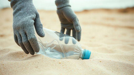 Close-up of gloved hands picking up a discarded plastic bottle from the sandy beach, an important environmental cleanup effort and dedication to ocean conservation.