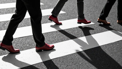 Fototapeta premium Stylish footwear crossing pedestrian lane, showcasing vibrant colors and shadows on pavement
